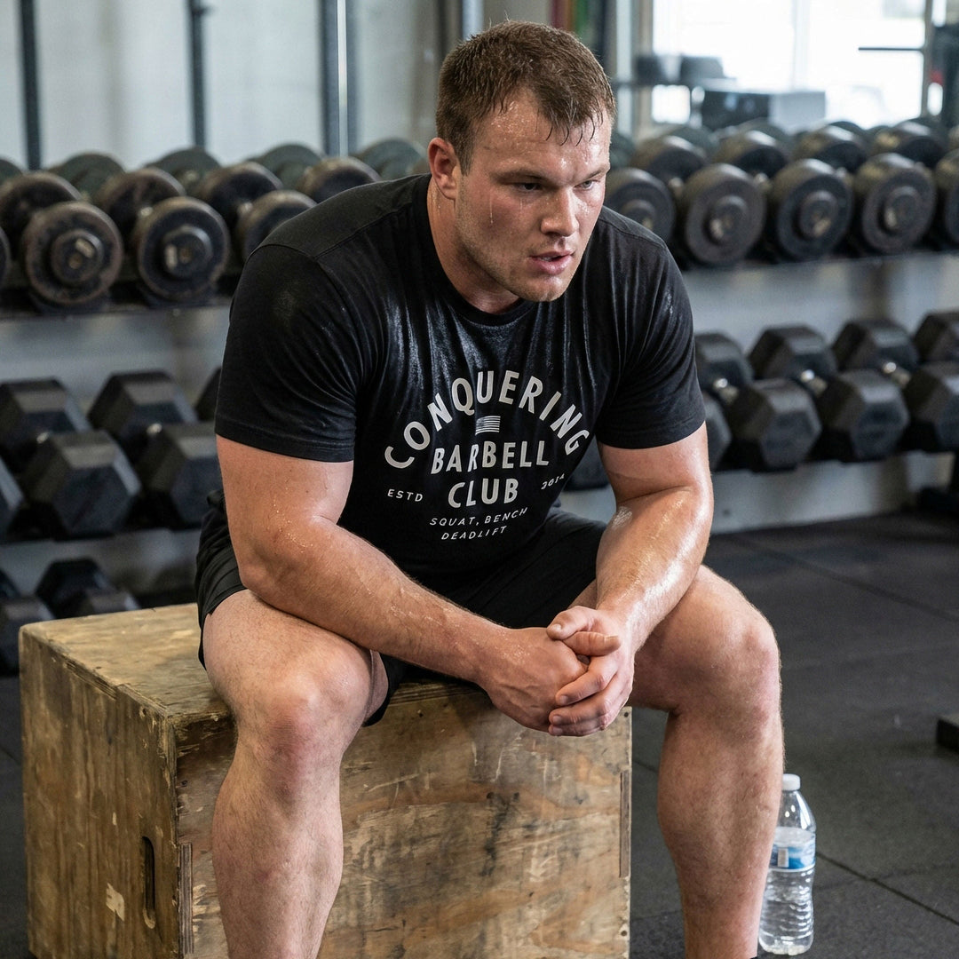 CB LIfting Club tee in Black: CONQUERING arched over an American flag