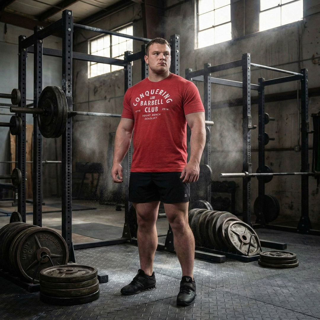 CB LIfting Club tee in Red: CONQUERING arched over an American flag