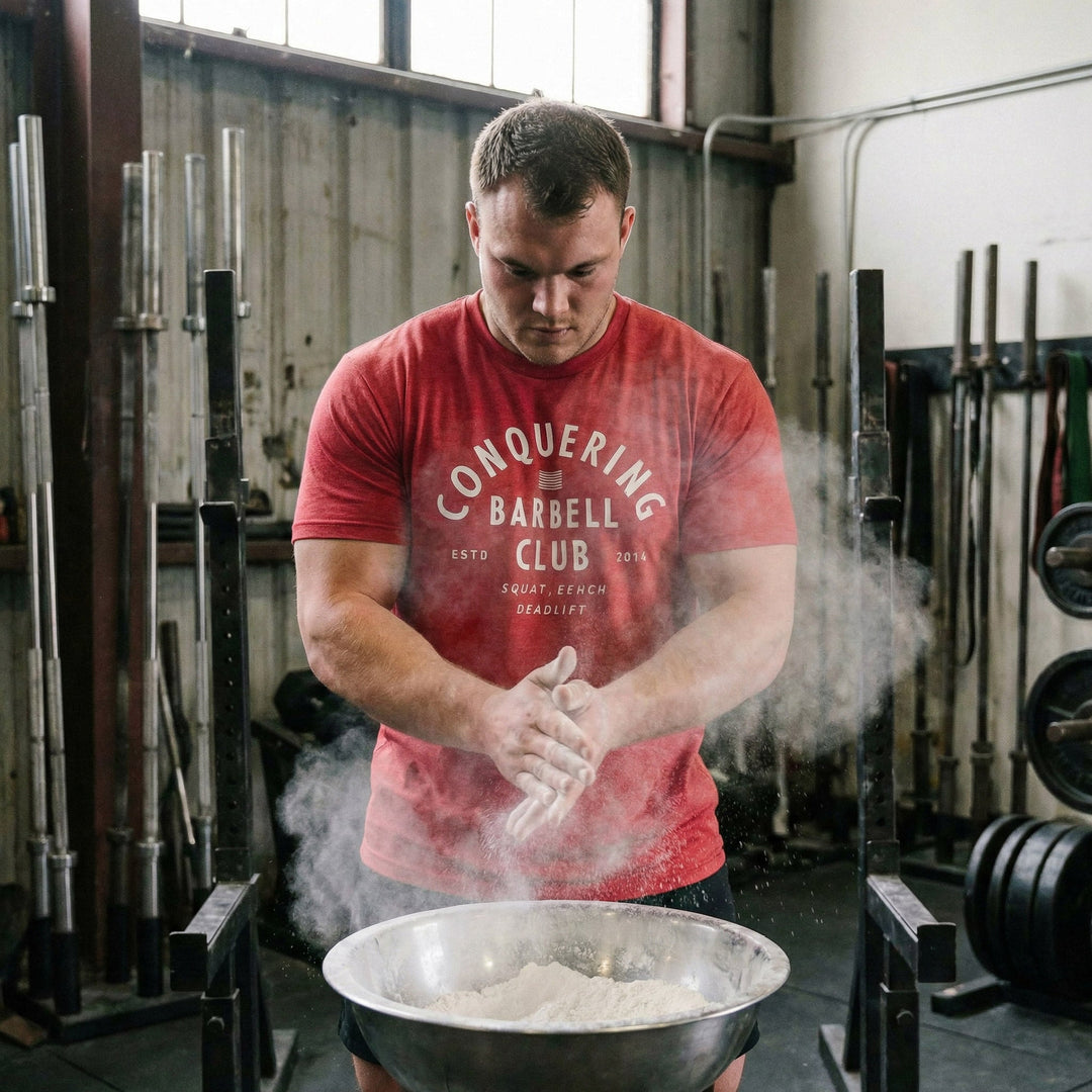 CB LIfting Club tee in Red: CONQUERING arched over an American flag