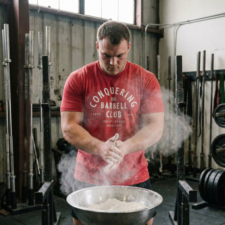 CB LIfting Club tee in Red: CONQUERING arched over an American flag