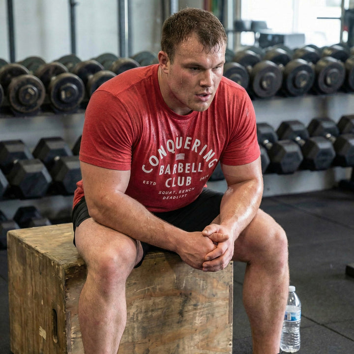 CB LIfting Club tee in Red: CONQUERING arched over an American flag