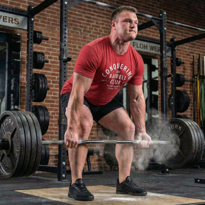 CB LIfting Club tee in Red: CONQUERING arched over an American flag