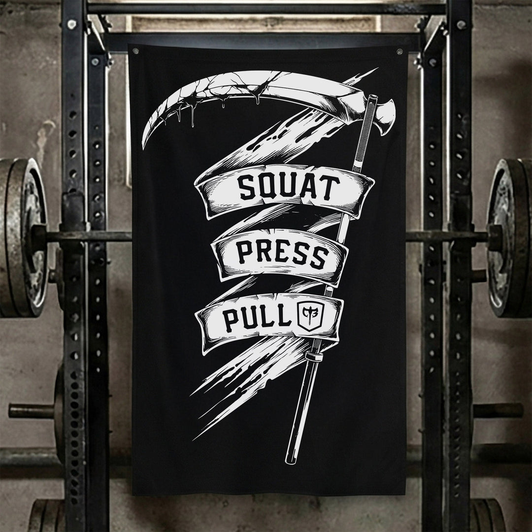 CB Scythe - Squat Press Pull® Flag - Polyester Flag, vertical black gym flag with reaper&