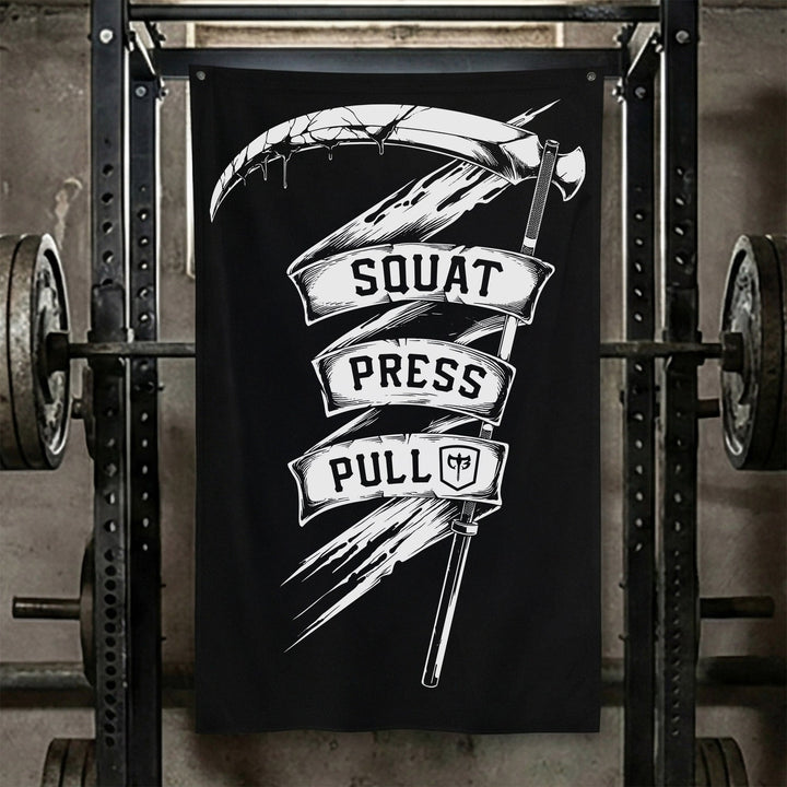 CB Scythe - Squat Press Pull® Flag - Polyester Flag, vertical black gym flag with reaper&