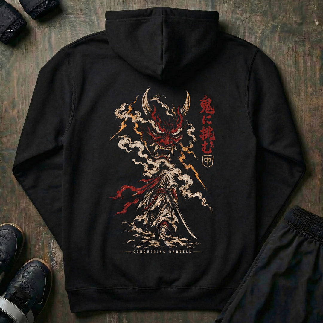Challenge the Demon pullover hoodie in Black: a lone samurai