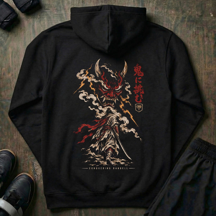 Challenge the Demon pullover hoodie in Black: a lone samurai