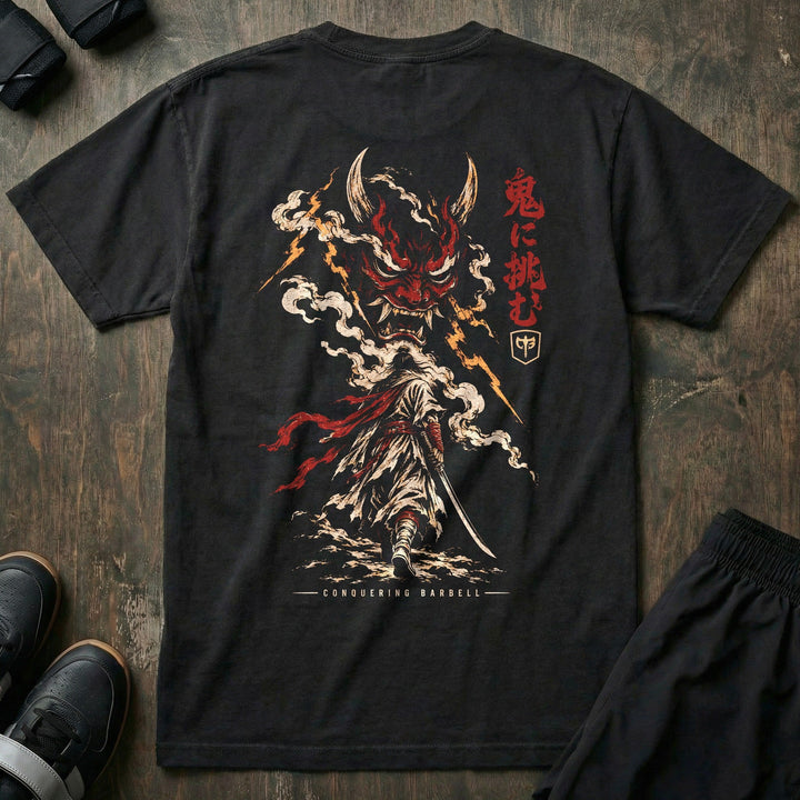 Challenge the Demon relaxed fit tee in Black: a lone samurai