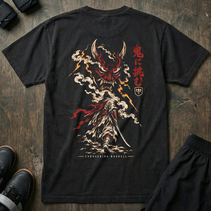 Challenge the Demon - Relaxed Fit Tee back graphic in Black with lone samurai facing a giant oni in smoke and lightning - Conquering Barbell