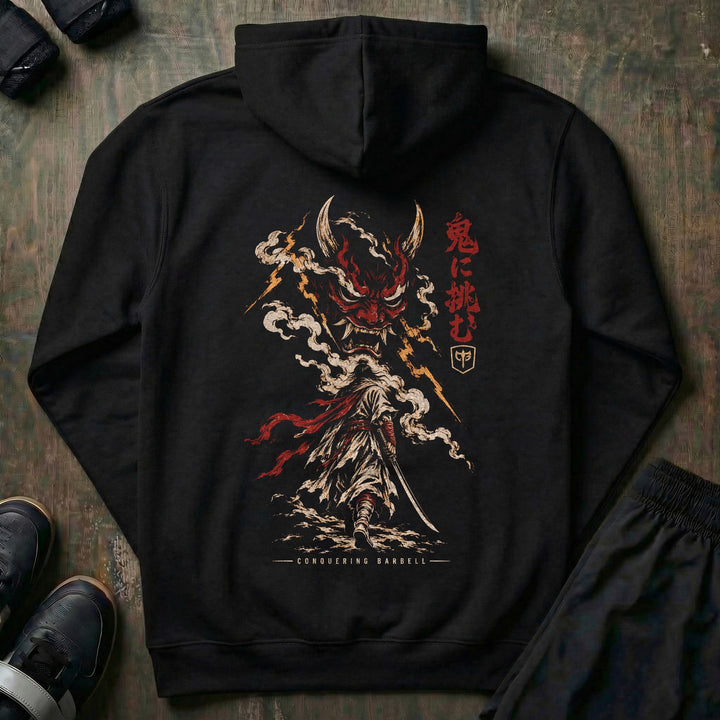 Challenge the Demon - Pullover Hoodie back graphic in Black with lone samurai facing a giant oni in smoke and lightning - Conquering Barbell