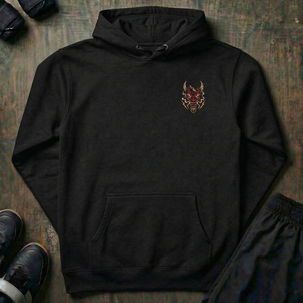 Challenge the Demon Pullover Hoodie front view in Black with oni mask left-chest graphic