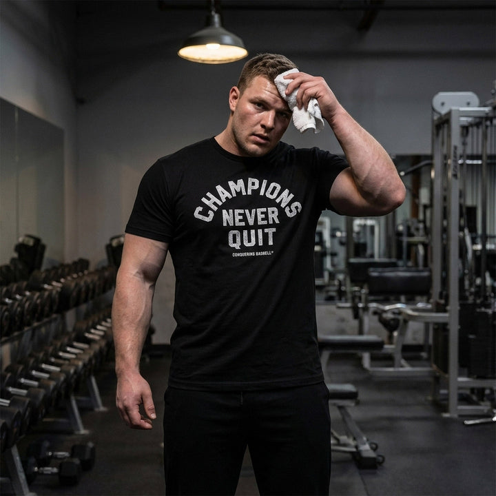 Champions Never Quit tee: CHAMPIONS arched over NEVER QUIT in distressed varsity lettering