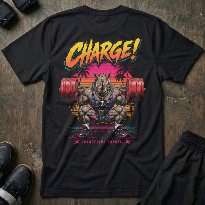 Charge! tee in Black: a massively built rhino in a lifting belt