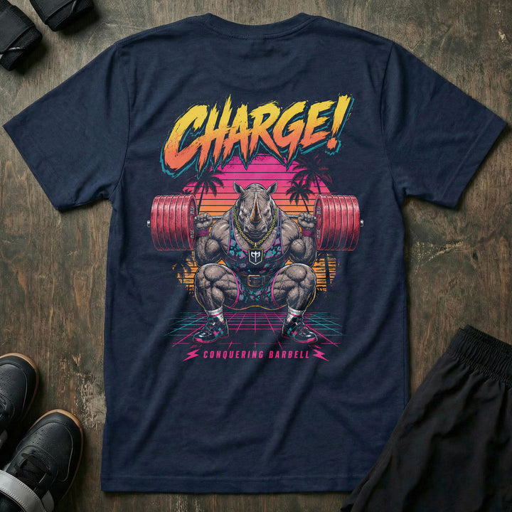 Charge! tee in Navy: a massively built rhino in a lifting belt