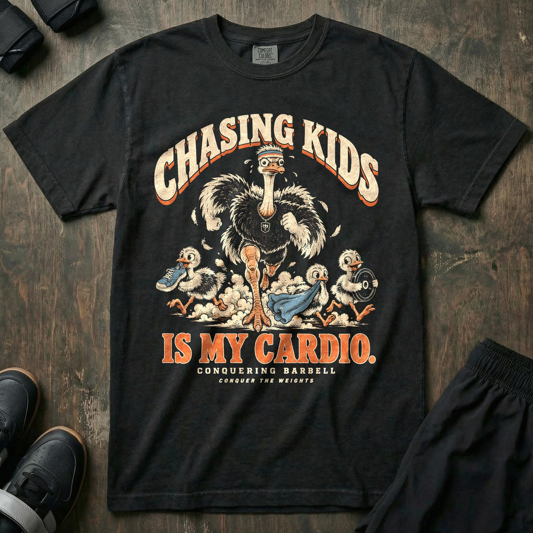 Chasing Kids Is My Cardio - Relaxed Fit Tee front graphic in Black with an ostrich dad in a headband running after three chicks carrying a sneaker, a towel and a weight plate - Conquering Barbell