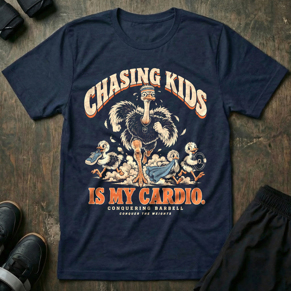 Chasing Kids Is My Cardio - Tee front graphic in Navy with an ostrich dad in a headband running after three chicks carrying a sneaker, a towel and a weight plate - Conquering Barbell