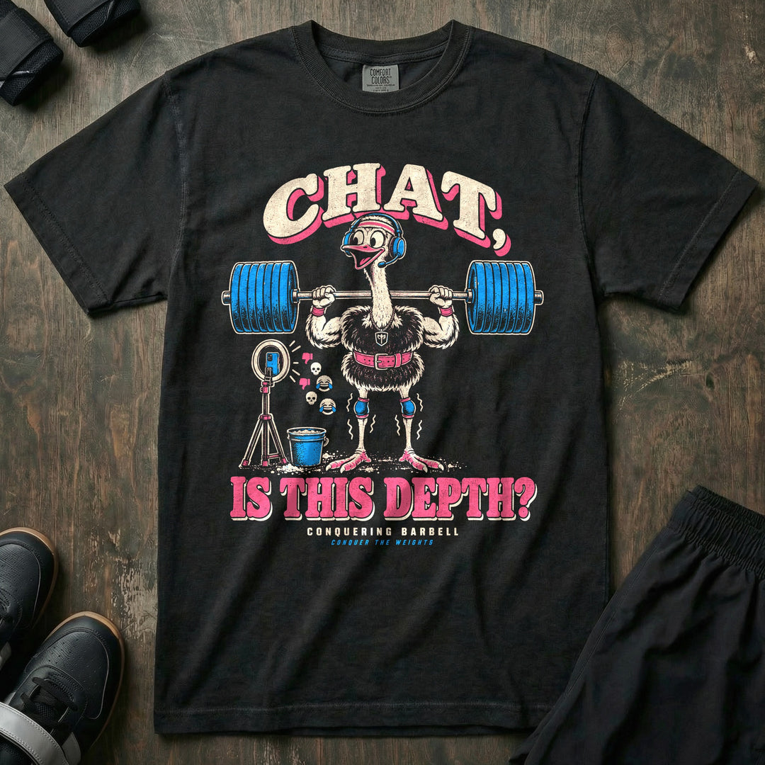 Chat Is This Depth - Relaxed Fit Tee front graphic in Black with an ostrich in a headset quarter squatting for a livestream - Conquering Barbell