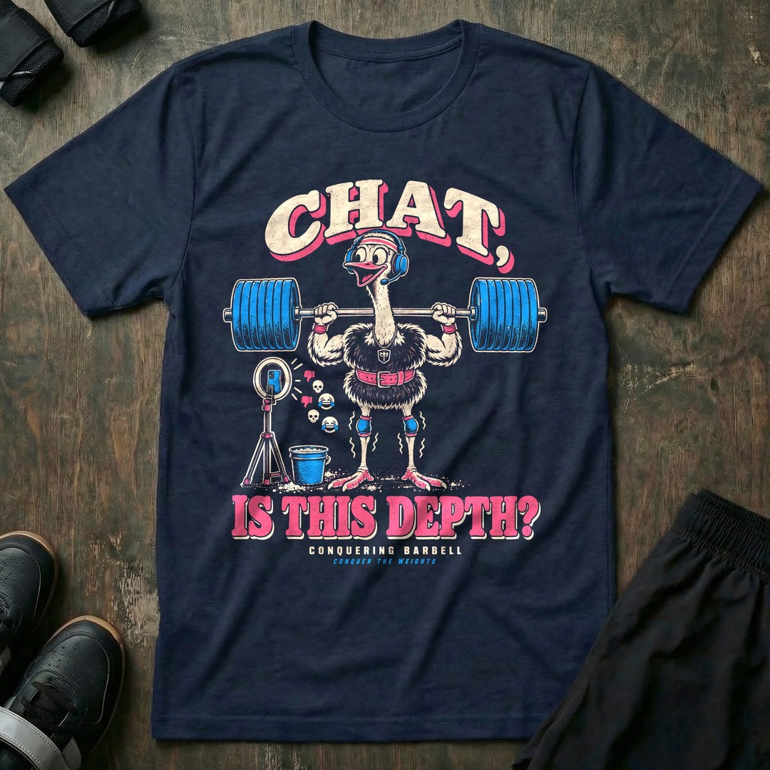 Chat Is This Depth - Tee front graphic in Navy with an ostrich in a headset quarter squatting for a livestream - Conquering Barbell