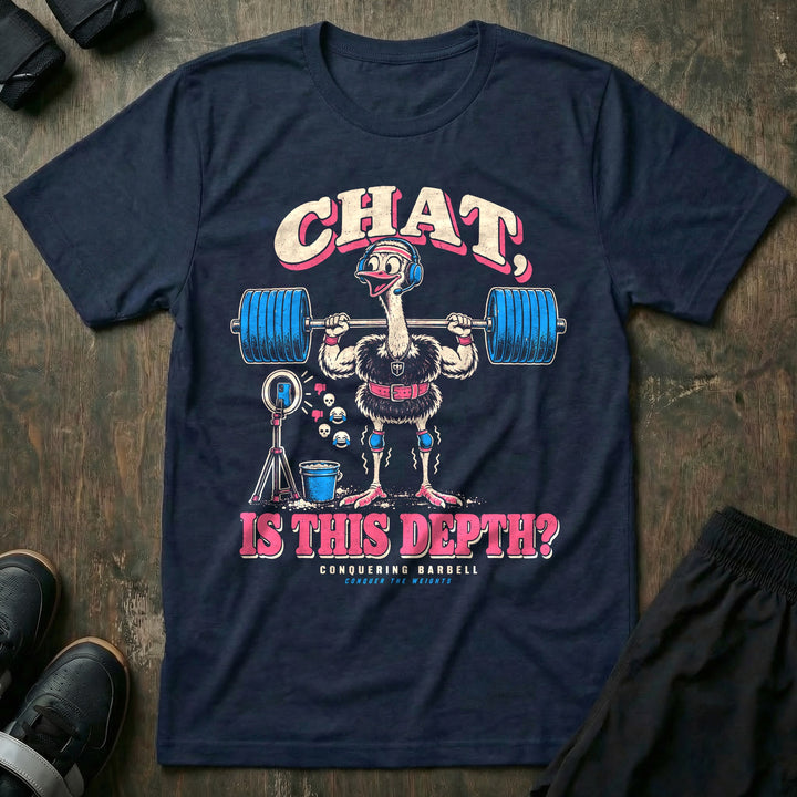 Chat Is This Depth - Tee front graphic in Navy with an ostrich in a headset quarter squatting for a livestream - Conquering Barbell