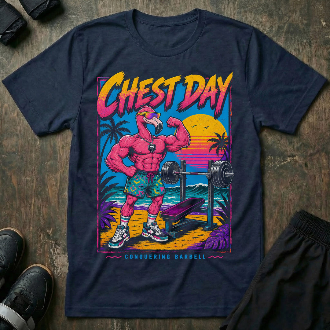 Chest Day tee in Navy: a swole flamingo in sunglasses