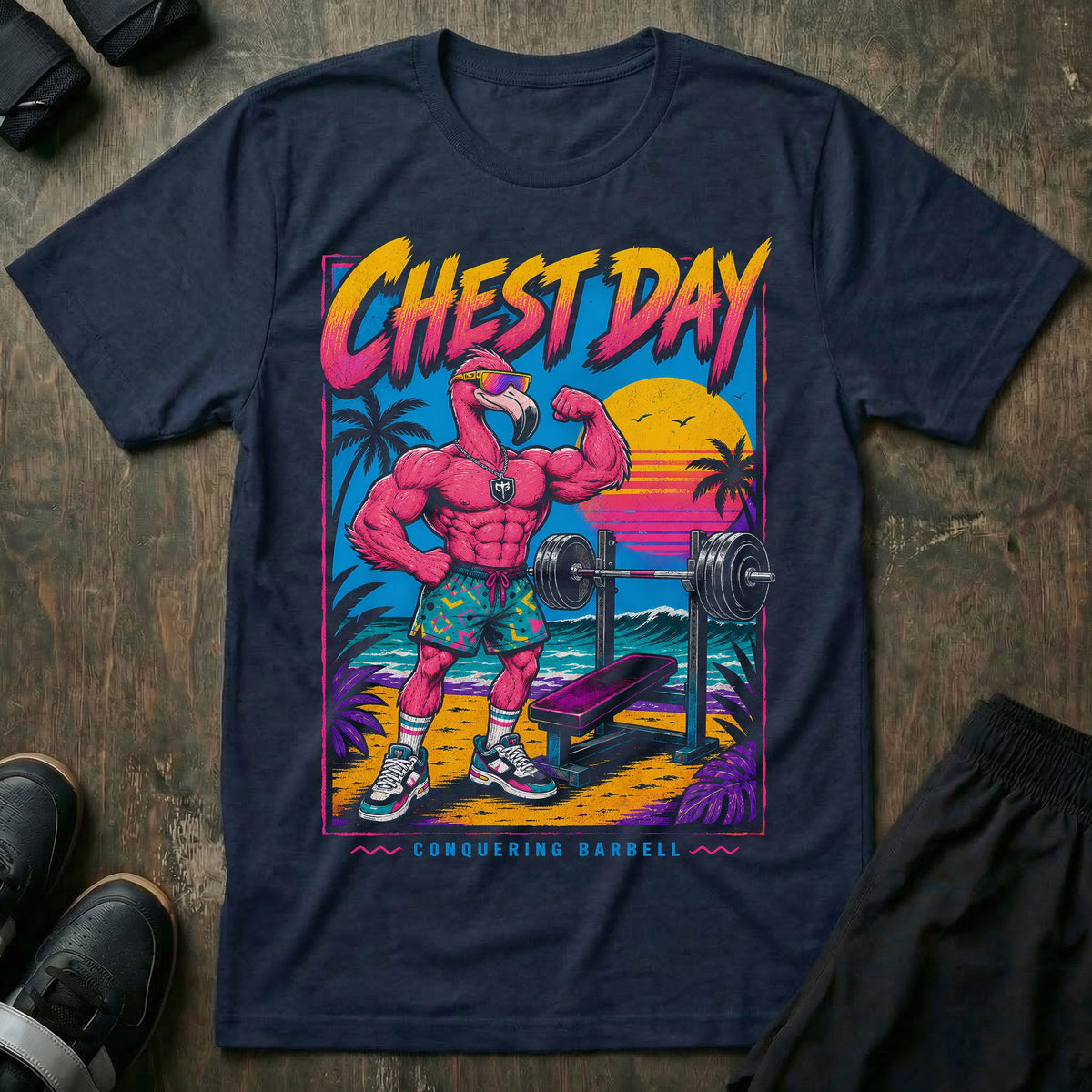 Chest Day tee in Navy: a swole flamingo in sunglasses