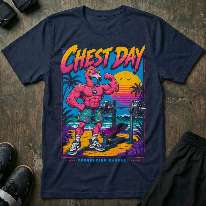 Chest Day tee in Navy: a swole flamingo in sunglasses
