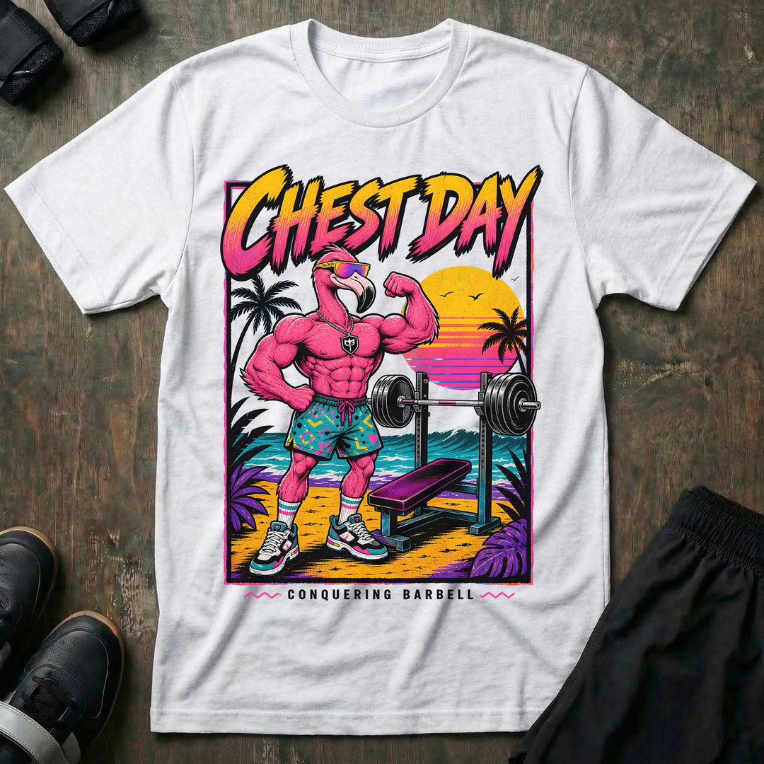 Chest Day tee in White: a swole flamingo in sunglasses