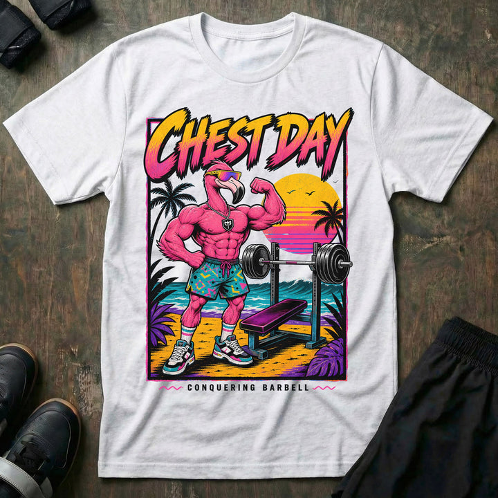 Chest Day tee in White: a swole flamingo in sunglasses