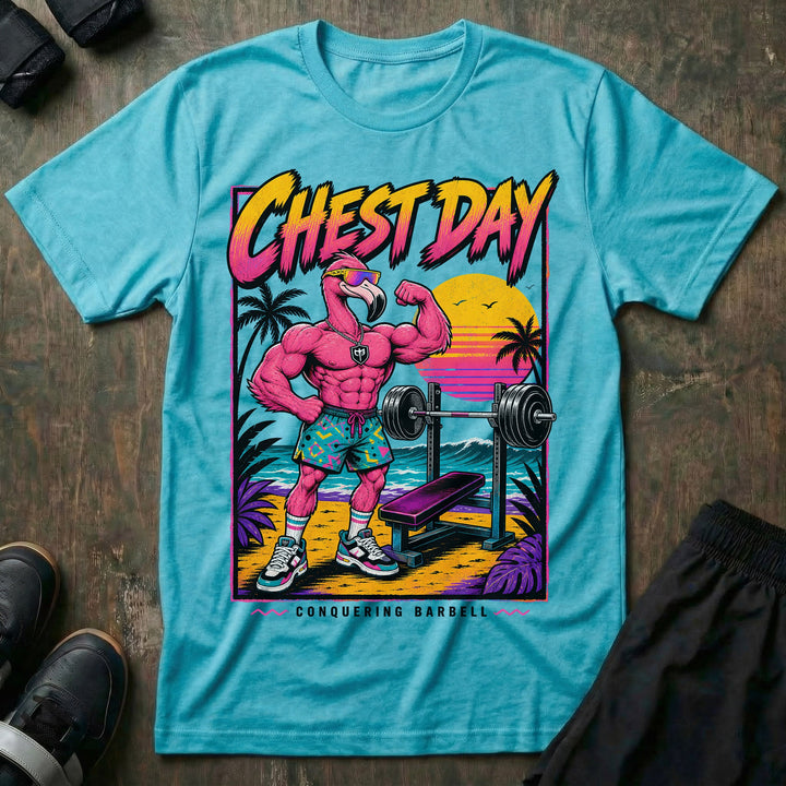 Chest Day tee in Tahiti: a swole flamingo in sunglasses