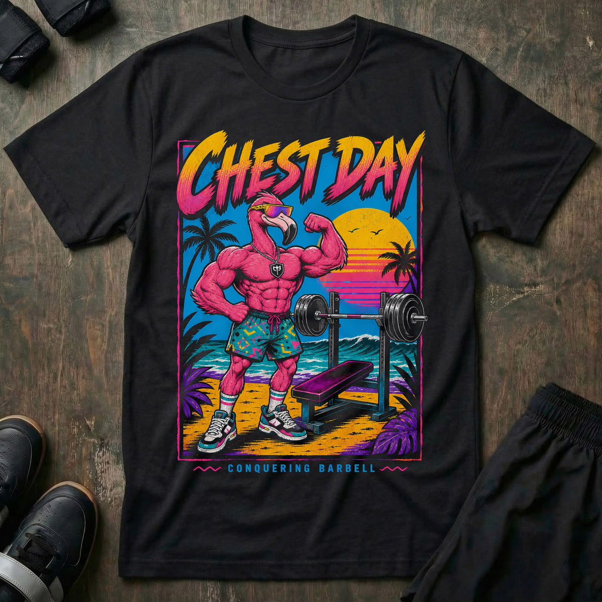 Chest Day tee in Black: a swole flamingo in sunglasses