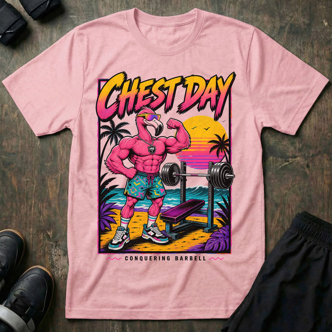 Chest Day tee in Pink: a swole flamingo in sunglasses