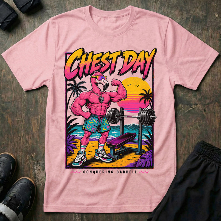 Chest Day tee in Pink: a swole flamingo in sunglasses