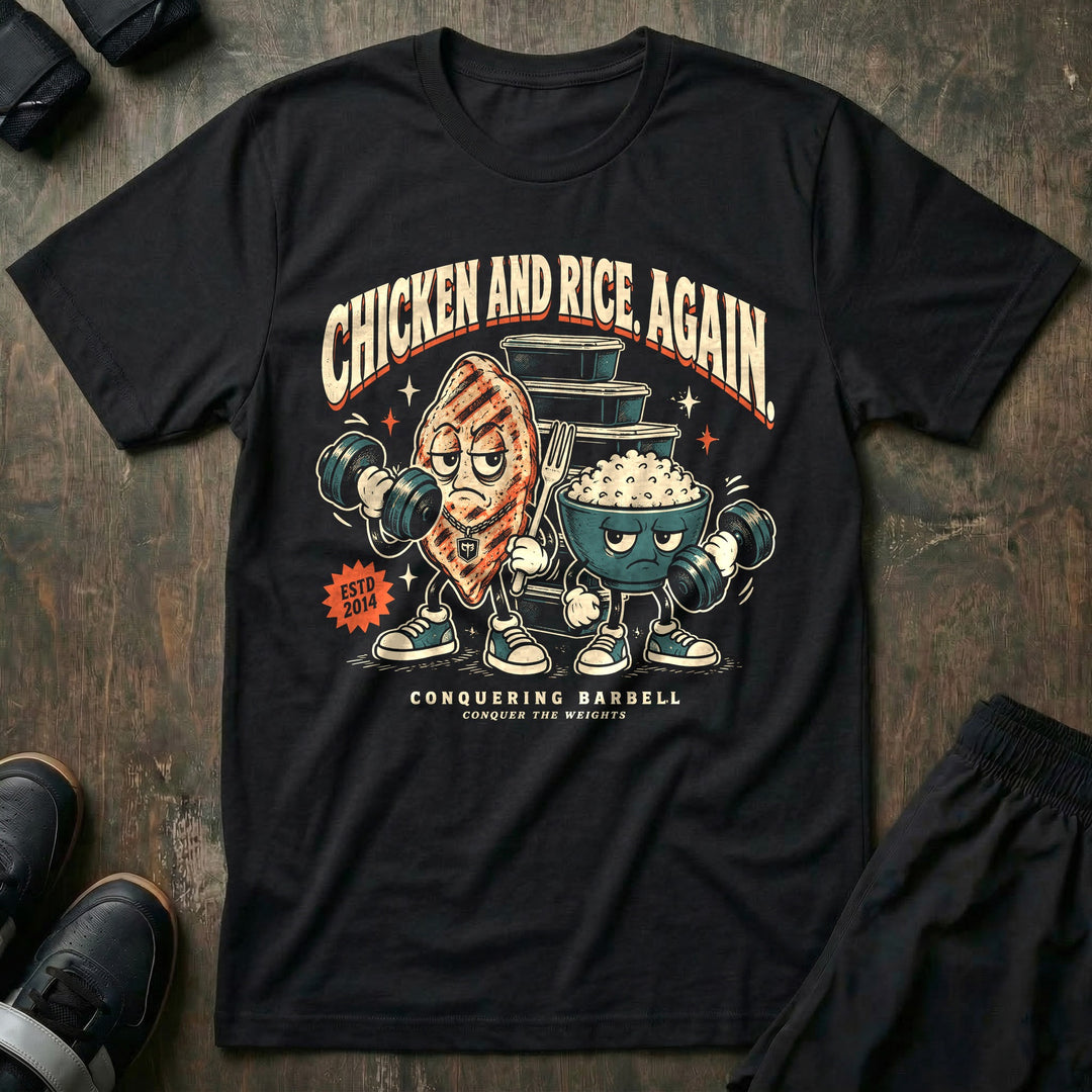 Chicken and Rice Again - Tee front graphic in Black with a chicken breast mascot and a rice bowl mascot holding dumbbells - Conquering Barbell