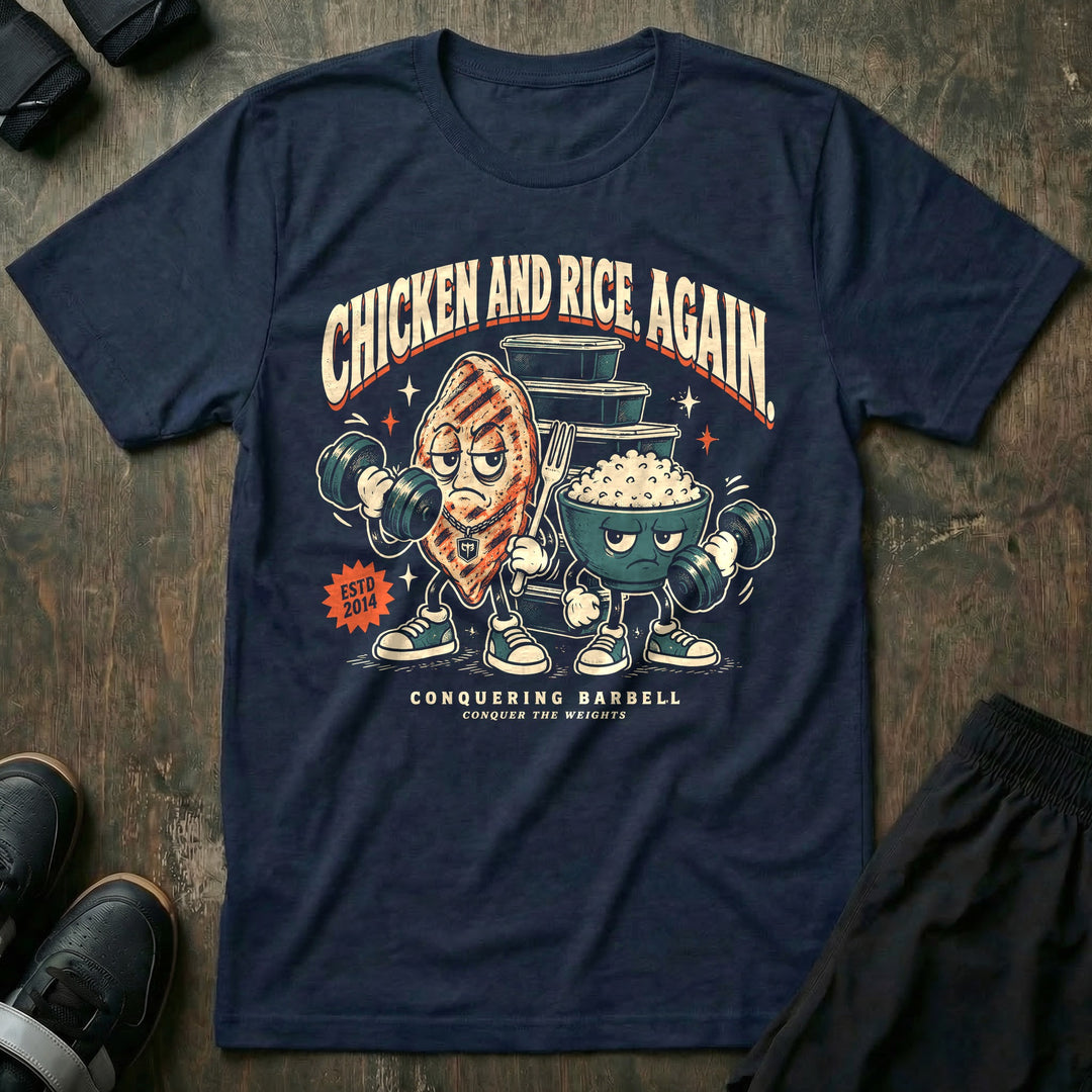 Chicken and Rice Again - Tee front graphic in Navy with a chicken breast mascot and a rice bowl mascot holding dumbbells - Conquering Barbell