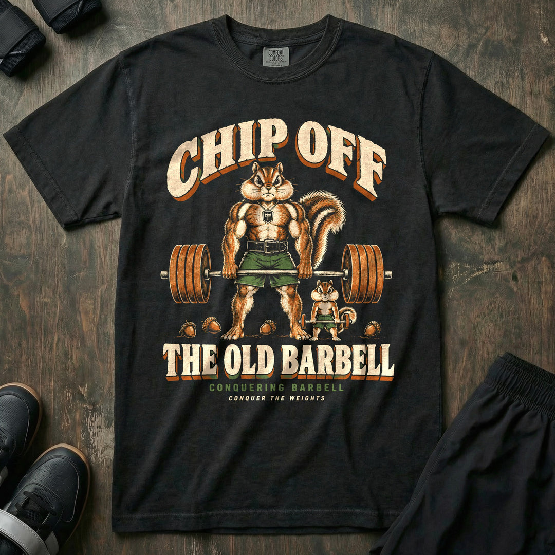 Chip Off the Old Barbell - Relaxed Fit Tee front graphic in Black with a muscular chipmunk dad deadlifting a loaded barbell next to a small chipmunk lifting a tiny barbell - Conquering Barbell