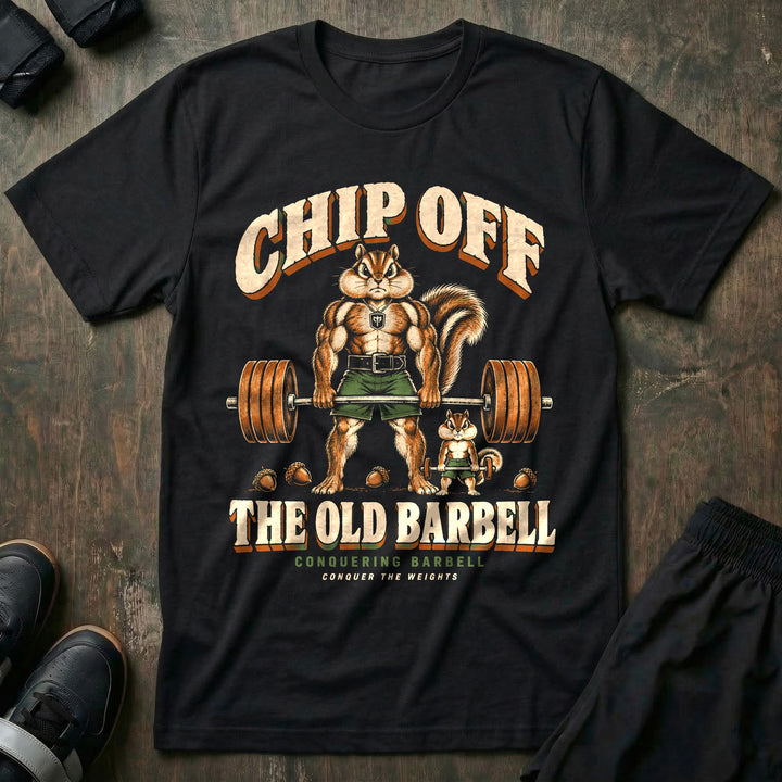 Chip Off the Old Barbell - Tee front graphic in Black with a muscular chipmunk dad deadlifting a loaded barbell next to a small chipmunk lifting a tiny barbell - Conquering Barbell