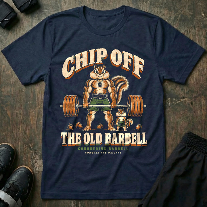 Chip Off the Old Barbell - Tee front graphic in Navy with a muscular chipmunk dad deadlifting a loaded barbell next to a small chipmunk lifting a tiny barbell - Conquering Barbell