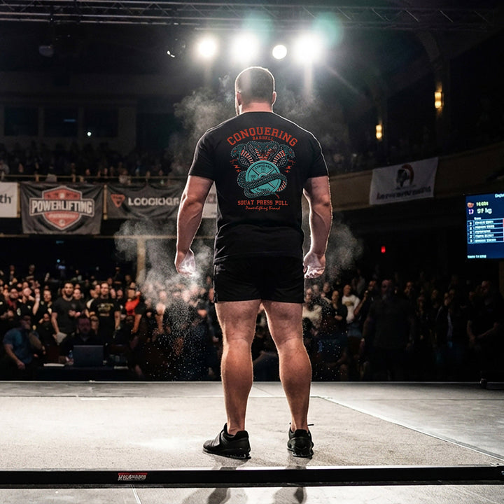 Cobras Squat Press Pull® tee in Black: twin teal cobras rearing over a barbell plate emblem