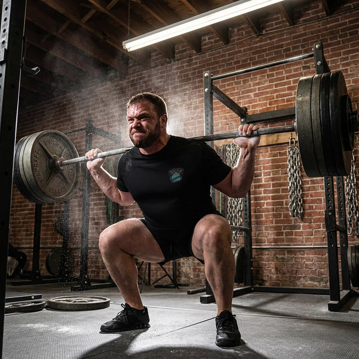 Cobras Squat Press Pull® tee in Black: twin teal cobras rearing over a barbell plate emblem