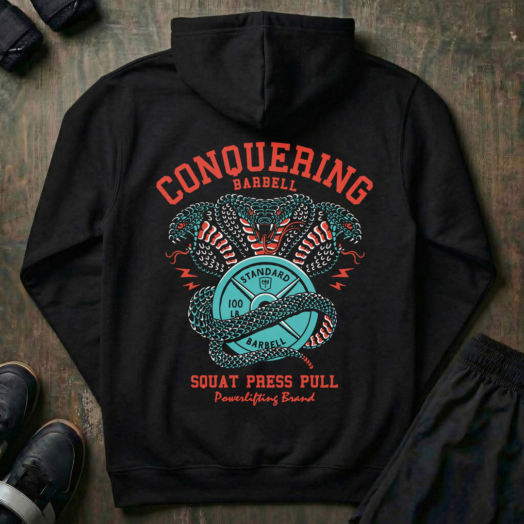 Cobras - Squat Press Pull® - on Black Pullover Hoodie - Conquering Barbell