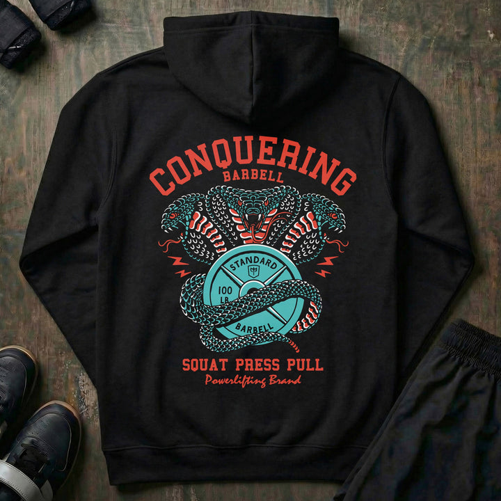 Cobras - Squat Press Pull® - on Black Pullover Hoodie - Conquering Barbell