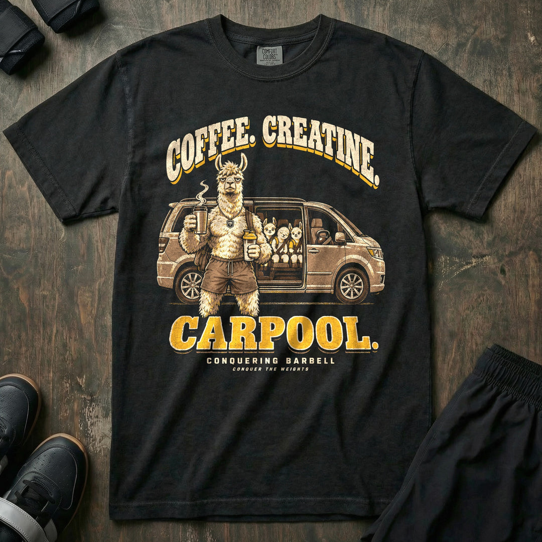 Coffee. Creatine. Carpool - Relaxed Fit Tee front graphic in Black with an alpaca dad holding a travel mug and a shaker bottle beside a minivan with three young alpacas in the back seat - Conquering Barbell