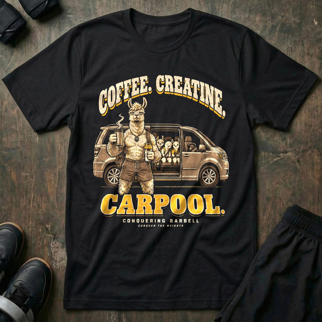 Coffee. Creatine. Carpool - Tee front graphic in Black with an alpaca dad holding a travel mug and a shaker bottle beside a minivan with three young alpacas in the back seat - Conquering Barbell