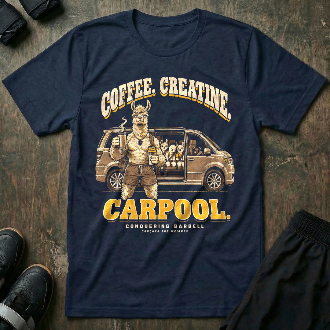 Coffee. Creatine. Carpool - Tee front graphic in Navy with an alpaca dad holding a travel mug and a shaker bottle beside a minivan with three young alpacas in the back seat - Conquering Barbell