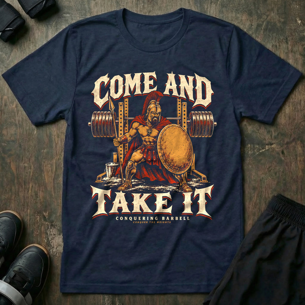 Come and Take It - Tee front graphic in Navy with a Spartan with shield and spear guarding a loaded squat rack - Conquering Barbell