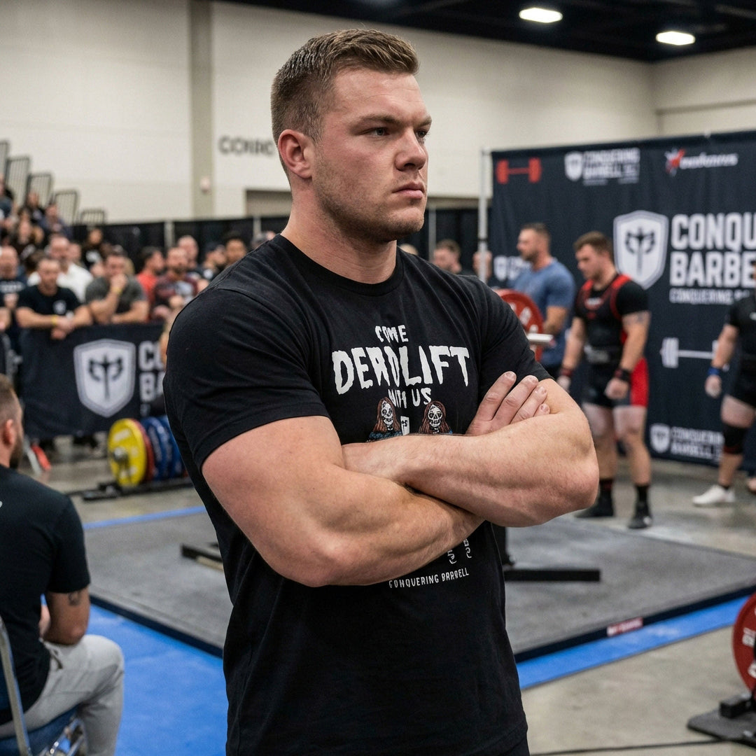 Come Deadlift With Us - on Black tee - Conquering Barbell