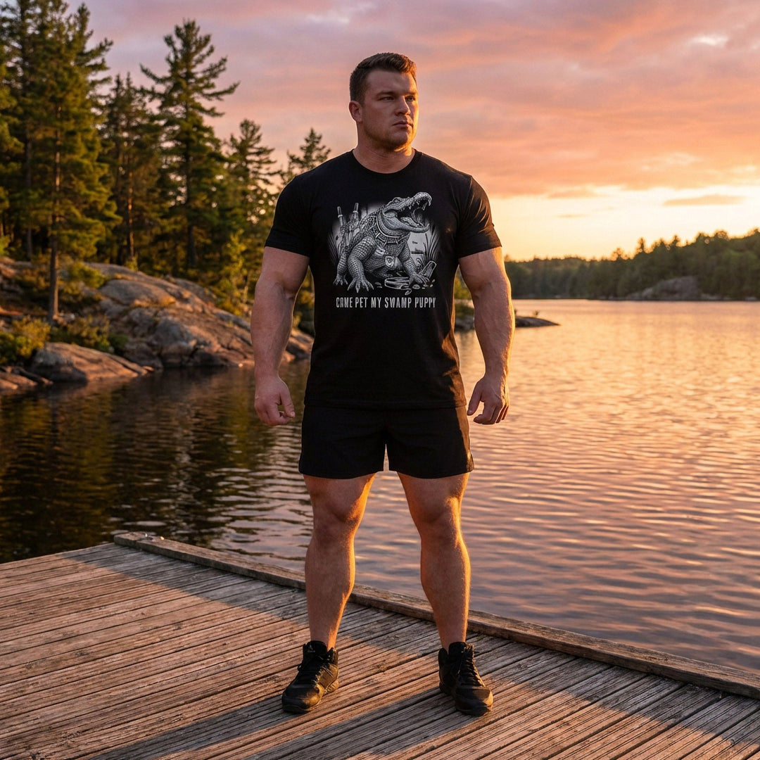 Come Pet My Swamp Puppy tee in Black: a jacked alligator in a spiked collar on a heavy chain