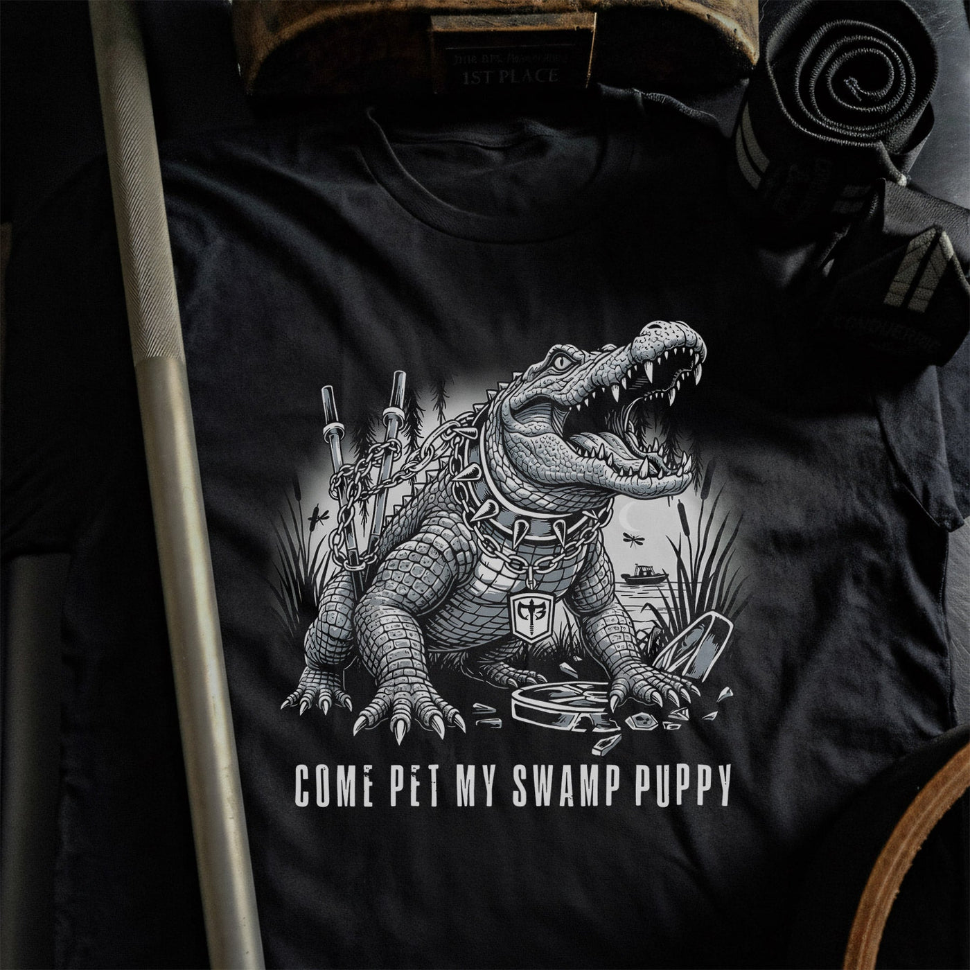 Come Pet My Swamp Puppy - Black Tee - Conquering Barbell