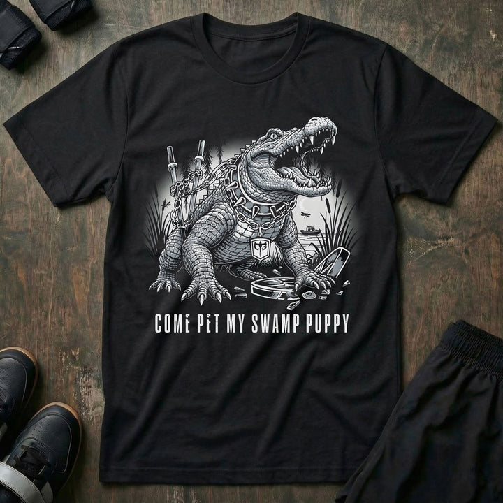 Come Pet My Swamp Puppy tee in Black: a jacked alligator in a spiked collar on a heavy chain