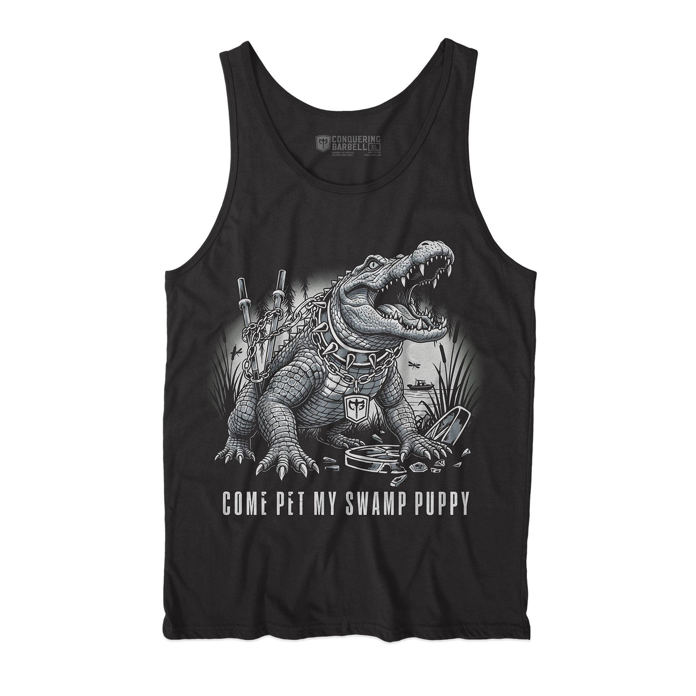 Come Pet My Swamp Puppy - on Black tank top - Conquering Barbell