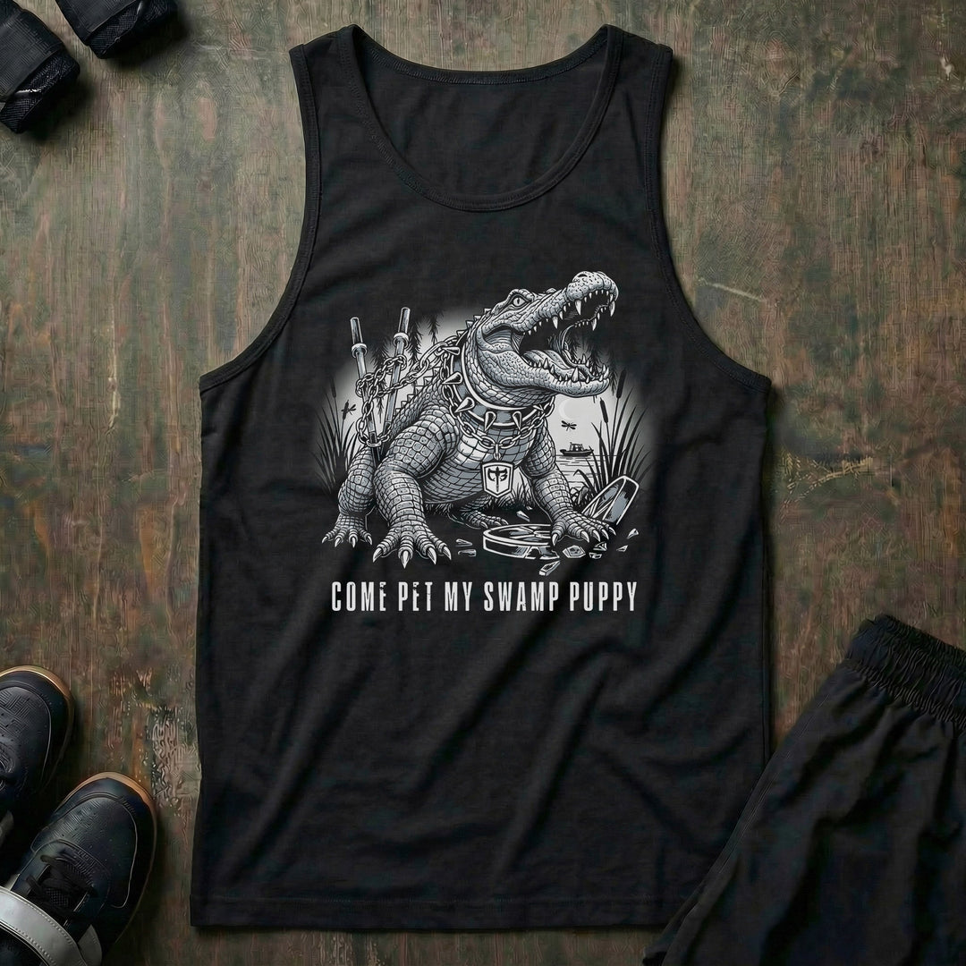 Come Pet My Swamp Puppy - on Black tank top - Conquering Barbell